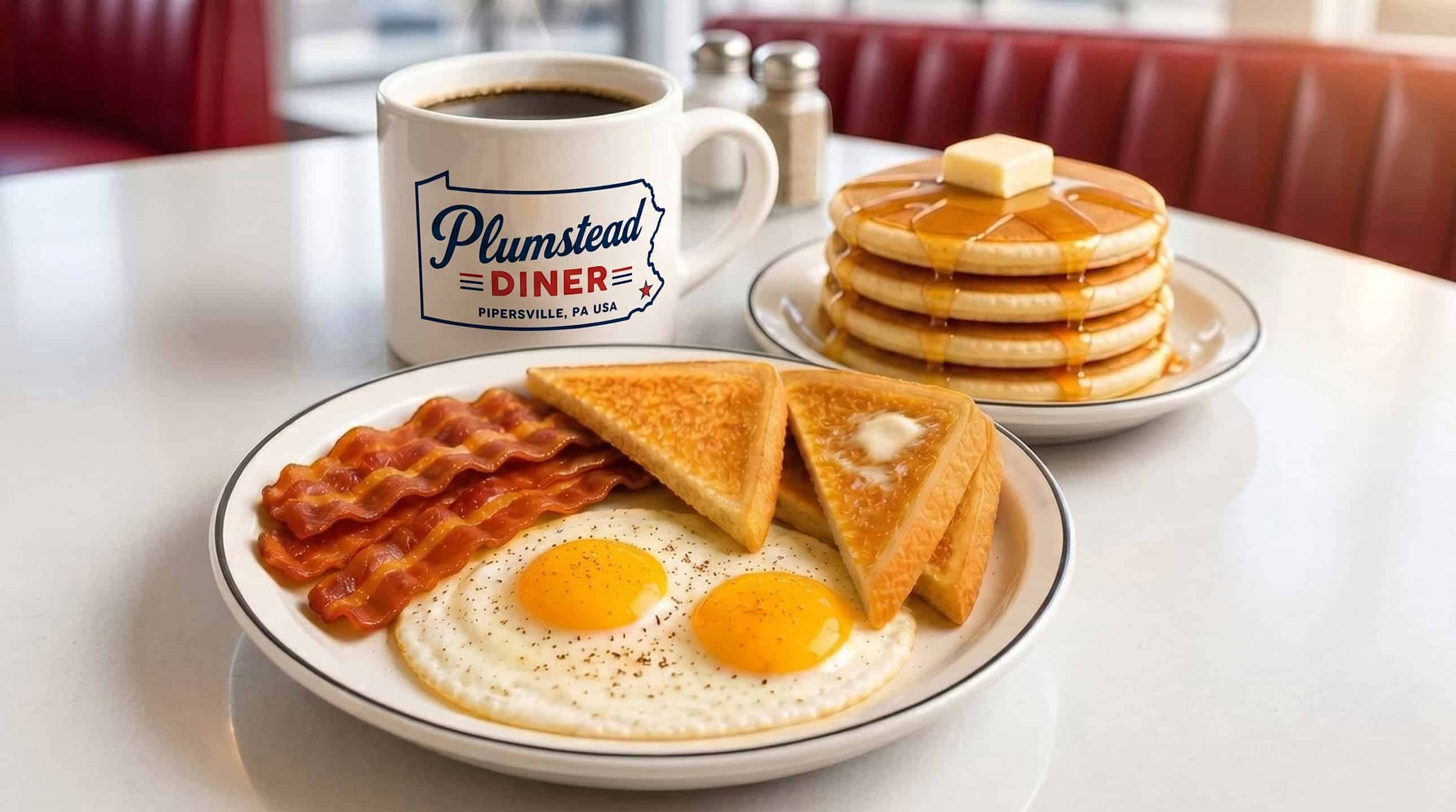 Plumstead Diner breakfast plate: two sunny-side-up eggs, crispy bacon, golden buttered toast, a stack of pancakes with butter and maple syrup, and a steaming mug of coffee on a classic diner counter.